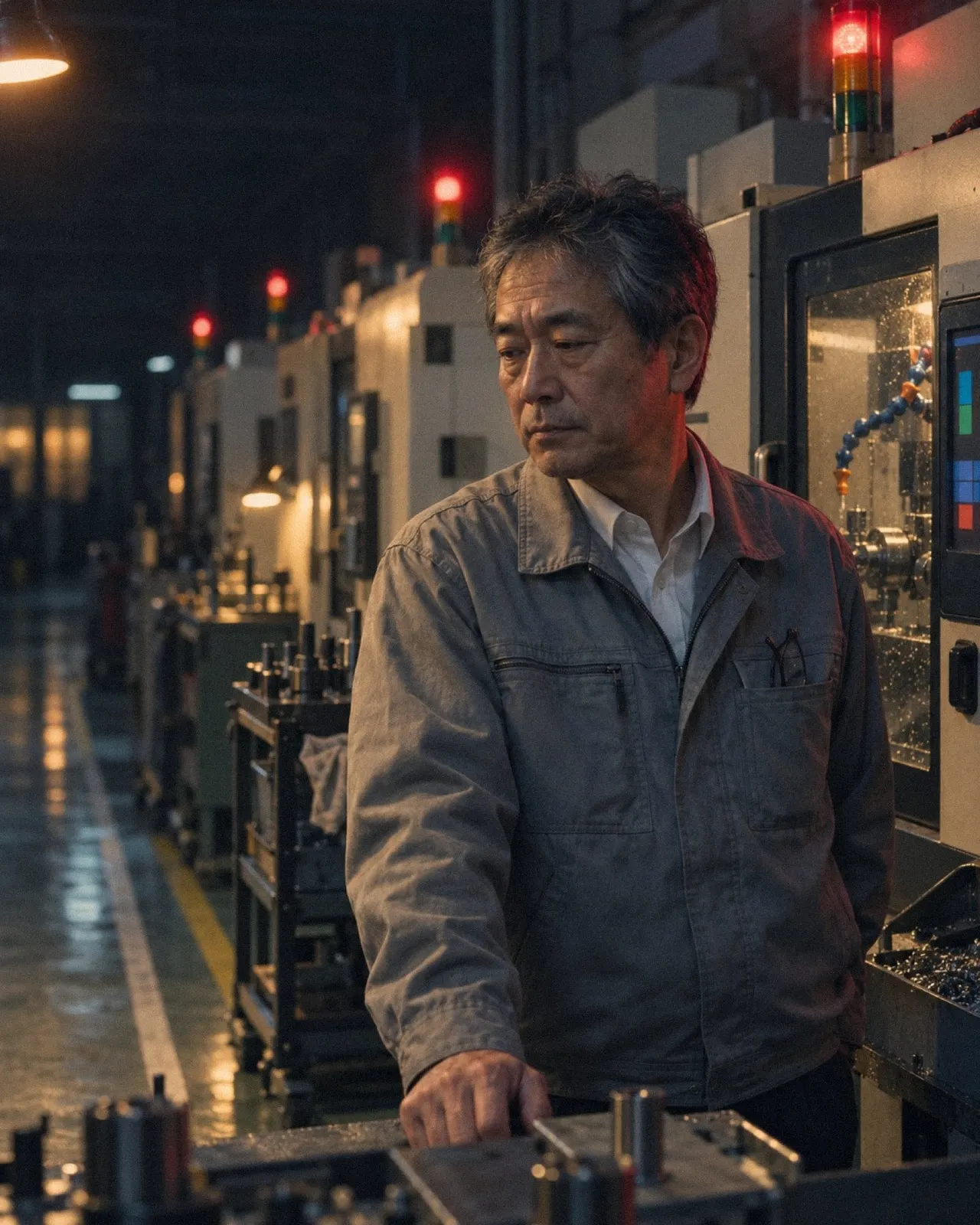 工作機械の横に立ち、床のほうを見つめる50代の工場長（イメージ・見本）