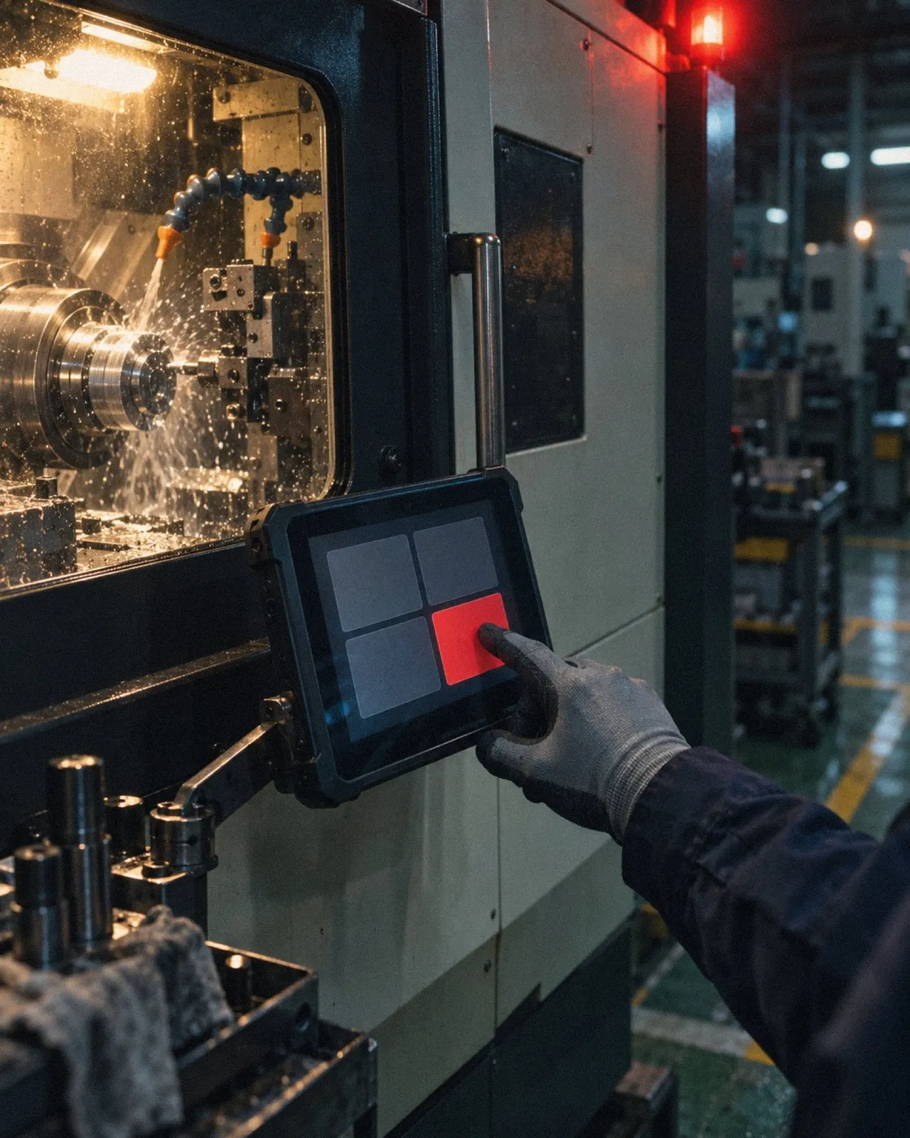 作業用の手袋をした手で、設備の横のタブレットの赤い四角を押している（イメージ・見本）